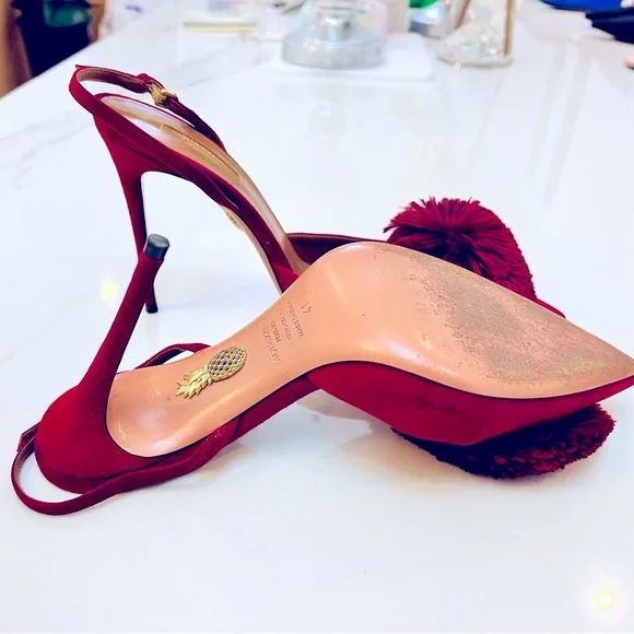 Aquazzura Red Pom Pom Heels - Picture 11 of 14
